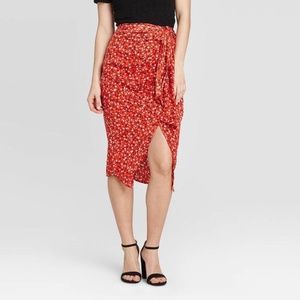 Who What Wear Floral Print Faux Tie Slip Midi Skirt